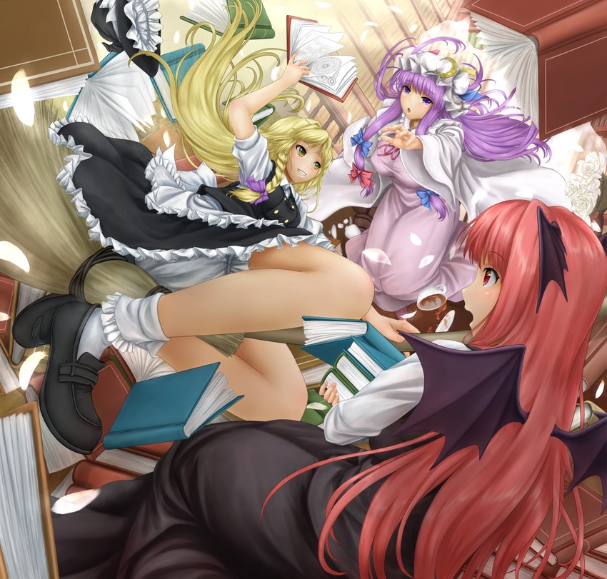 kirisame marisa, patchouli knowledge, and koakuma (touhou) drawn by miyakouji