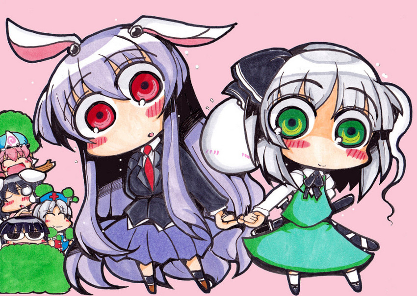 konpaku youmu, reisen udongein inaba, saigyouji yuyuko, houraisan kaguya, inaba tewi, and 1 more (touhou) drawn by matarou_(matarou072)
