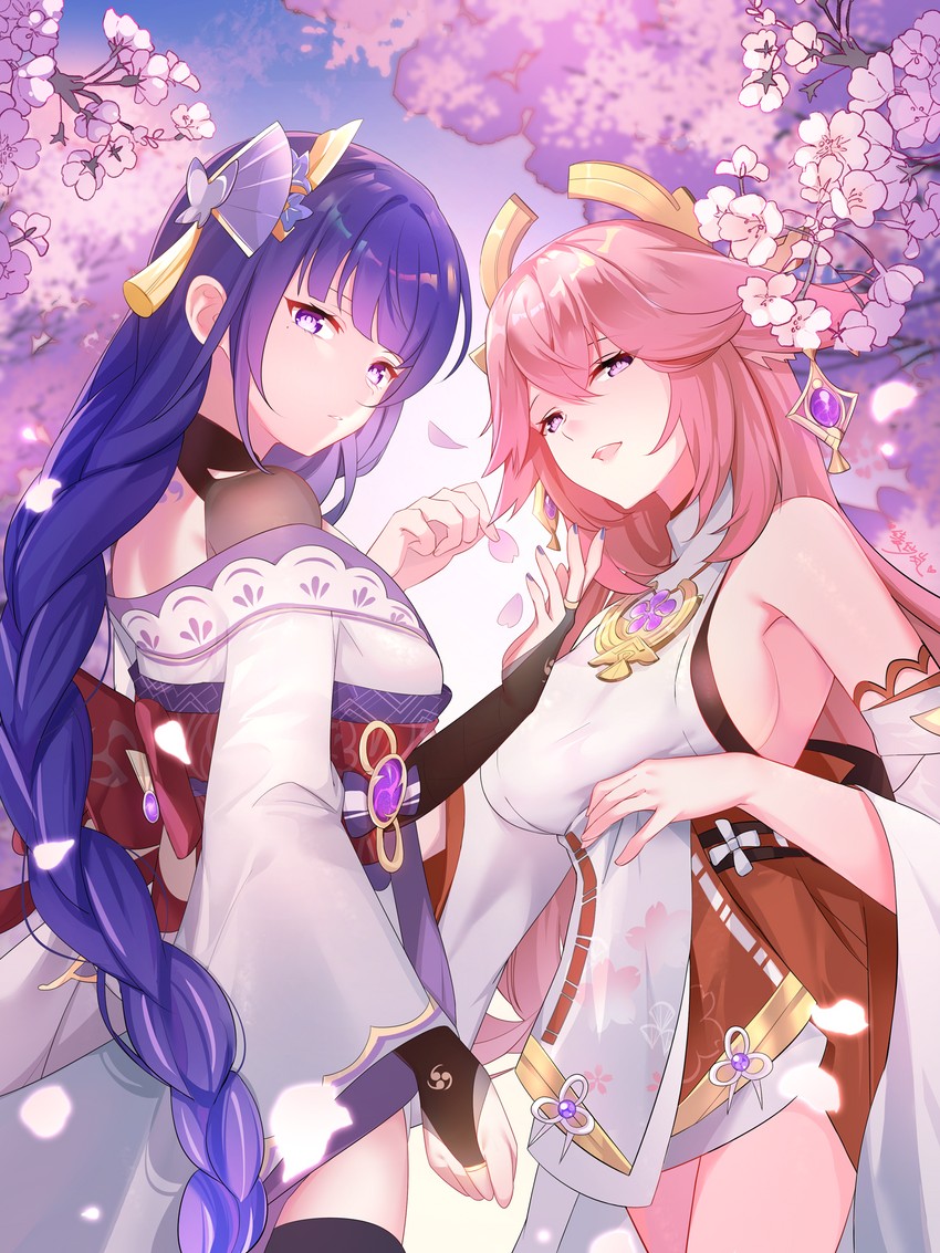 raiden shogun and yae miko (genshin impact) drawn by lingshalan