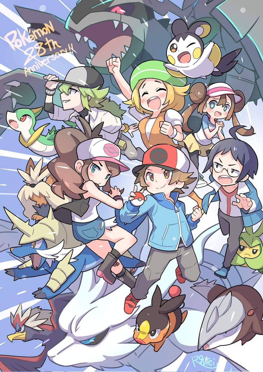 rosa, hilda, hilbert, n, bianca, and 11 more (pokemon and 2 more) drawn by rgurei0529