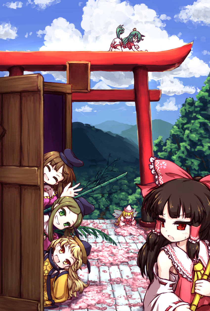 hakurei reimu, lily white, matara okina, komano aunn, nishida satono, and 1 more (touhou) drawn by isu_(is88)