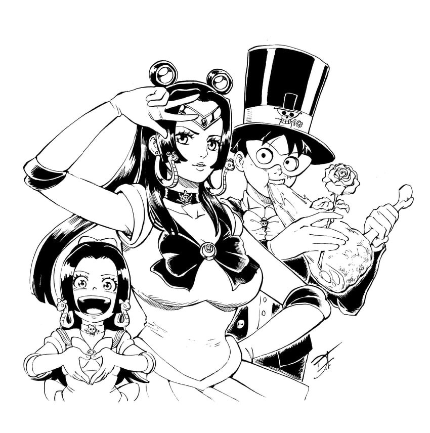 monkey d. luffy, sailor moon, boa hancock, and tuxedo kamen (one piece and 1 more) drawn by davidfueleki