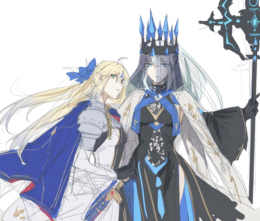 artoria pendragon, morgan le fay, and artoria caster (fate and 1 more) drawn by moxiayuji