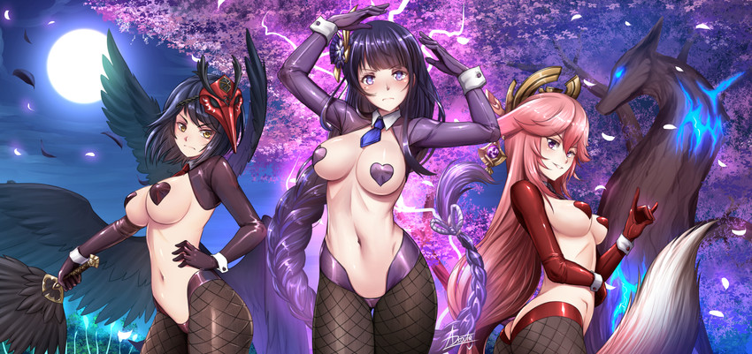 raiden shogun, yae miko, and kujou sara (genshin impact) drawn by adsouto