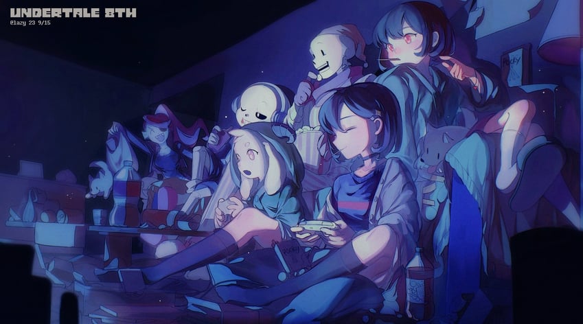frisk, chara, sans, undyne, papyrus, and 3 more (undertale) drawn by lazy_kun