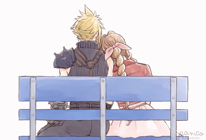 cloud strife and aerith gainsborough (final fantasy and 2 more) drawn by ancotsubu