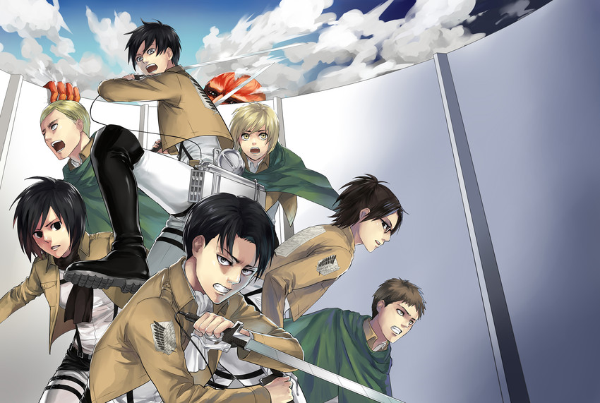 mikasa ackerman, eren yeager, levi, armin arlert, titan, and 4 more (shingeki no kyojin) drawn by shiromi_(ringo)