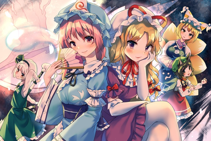konpaku youmu, yakumo yukari, saigyouji yuyuko, yakumo ran, chen, and 1 more (touhou and 1 more) drawn by baozishark