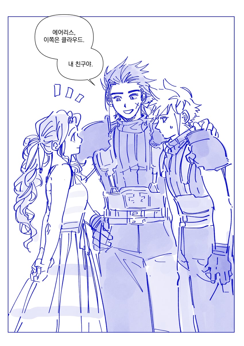 cloud strife, aerith gainsborough, and zack fair (final fantasy and 2 more) drawn by nul
