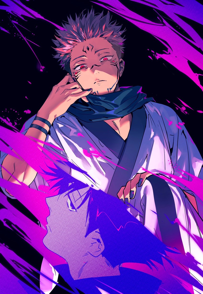 itadori yuuji, fushiguro megumi, and ryoumen sukuna (jujutsu kaisen) drawn by bikkusama