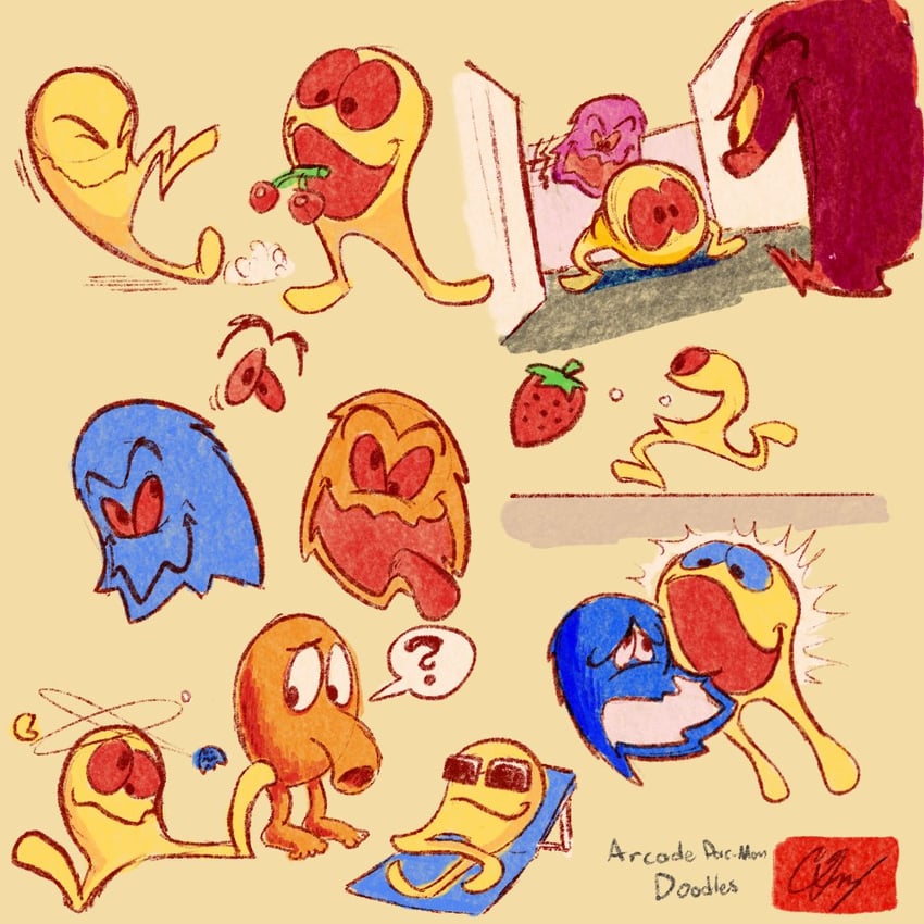 pac-man, inky, pinky, clyde, and q bert (pac-man and 1 more) drawn by cory_g