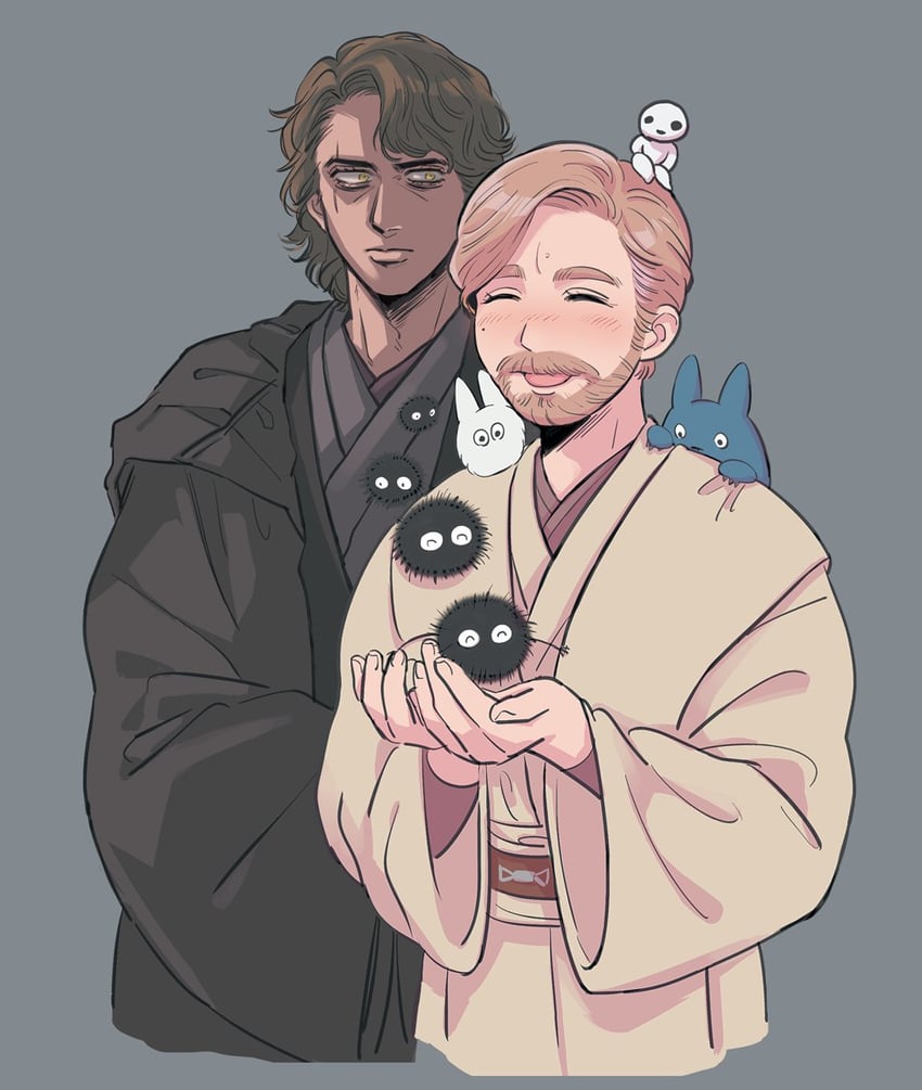 obi-wan kenobi, anakin skywalker, kodama, susuwatari, chibi totoro, and 1 more (star wars and 3 more) drawn by masososo
