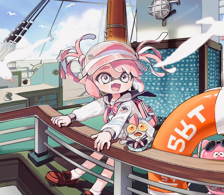 inkling player character, inkling girl, smallfry, and jellyfish (splatoon) drawn by amezawa_koma
