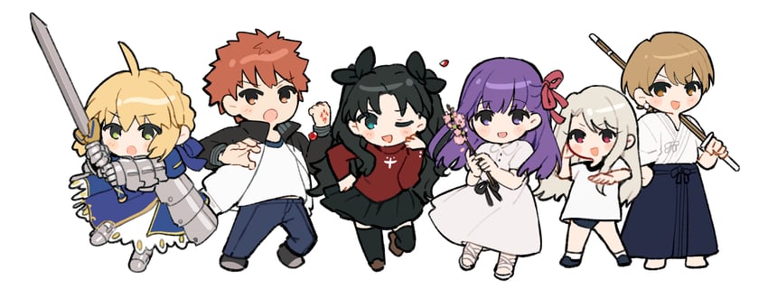 artoria pendragon, saber, tohsaka rin, illyasviel von einzbern, emiya shirou, and 2 more (fate and 1 more) drawn by rizu033