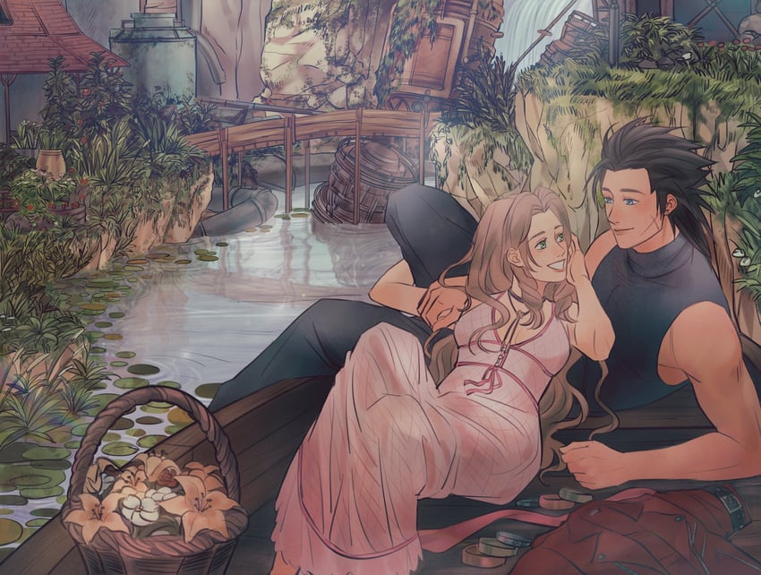 aerith gainsborough and zack fair (final fantasy and 3 more) drawn by sylvthea