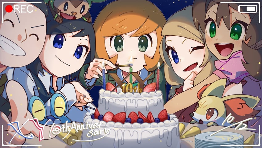 serena, calem, fennekin, chespin, froakie, and 3 more (pokemon and 1 more) drawn by omochi_(omotimotittona3)