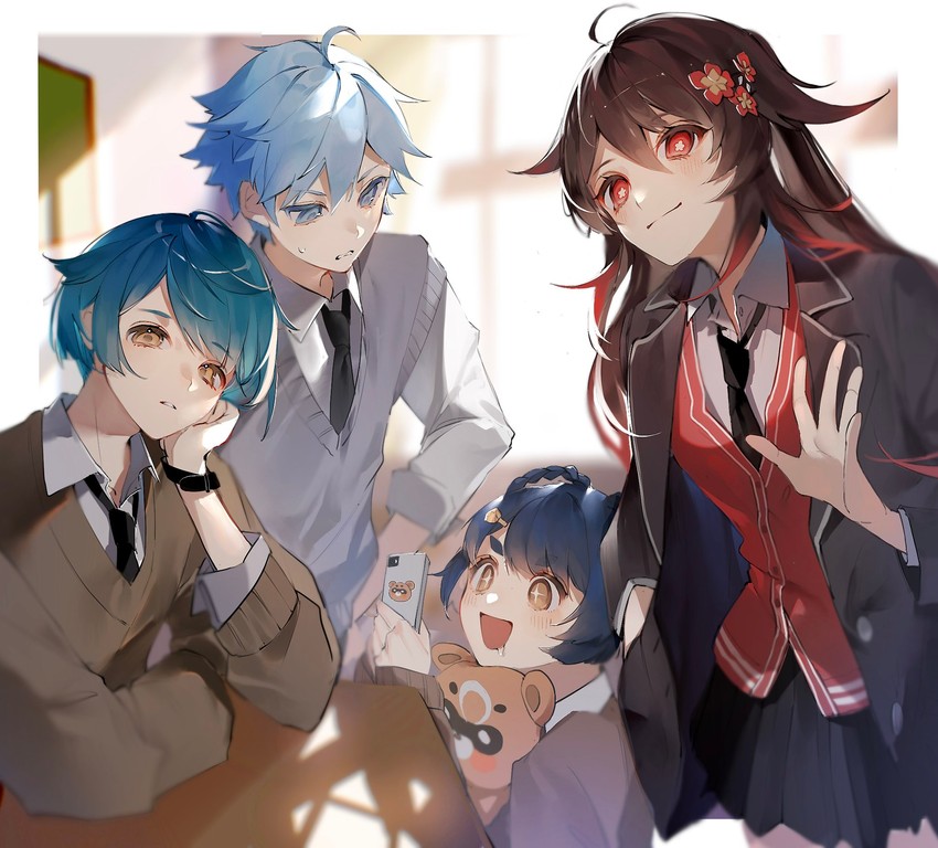 hu tao, xingqiu, chongyun, xiangling, and guoba (genshin impact) drawn by poscorn617