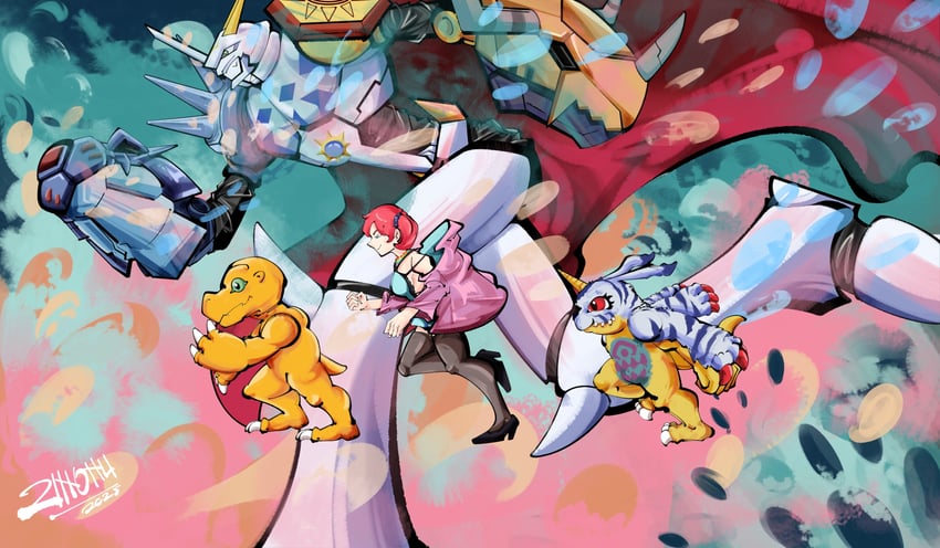 agumon, omegamon, gabumon, and shiramine nokia (gundam and 3 more) drawn by zinonu20