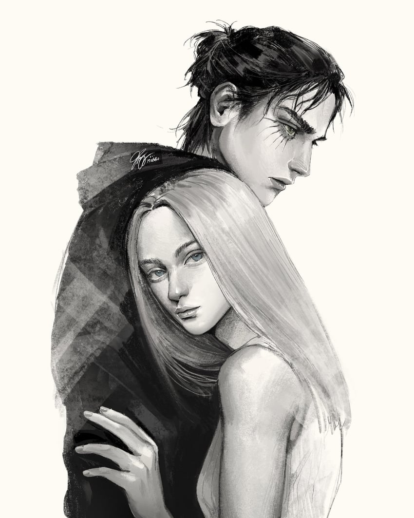 eren yeager and krista lenz (shingeki no kyojin) drawn by mobbonguyen