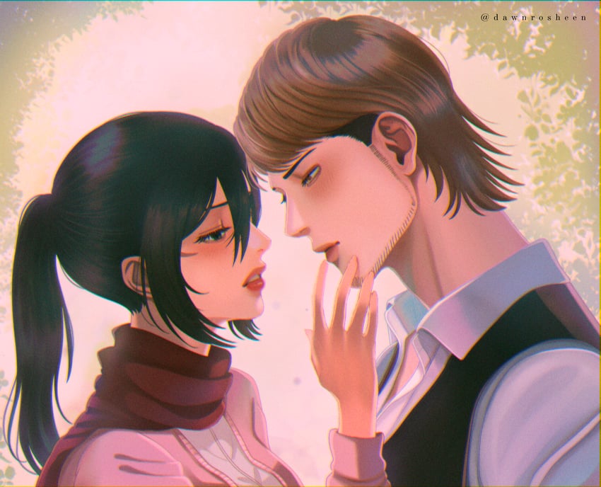 mikasa ackerman and jean kirstein (shingeki no kyojin) drawn by dawnrosheen