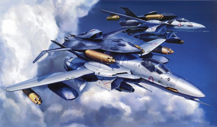 vf-0, kudou shin, ghost drone, and qf-2001 (macross and 1 more) drawn by tenjin_hidetaka