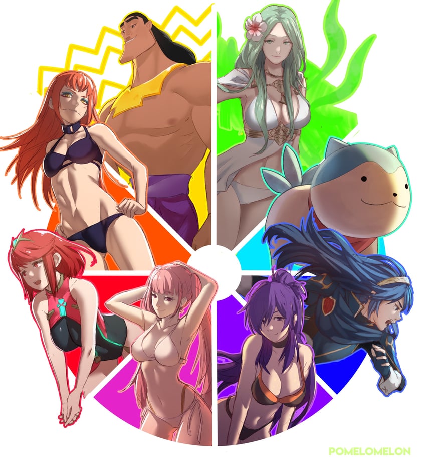 pyra, lucina, hilda valentine goneril, rhea, female shez, and 3 more (fire emblem and 6 more) drawn by pomelomelon