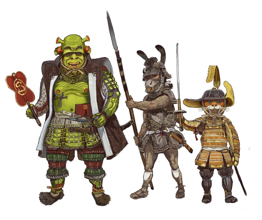 puss in boots, shrek, and donkey (shrek) drawn by mossacannibalis
