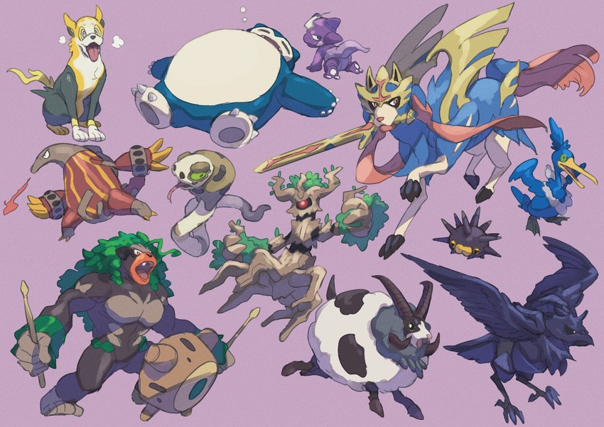 snorlax, corviknight, rillaboom, zacian, cramorant, and 7 more (pokemon) drawn by komame_(st_beans)