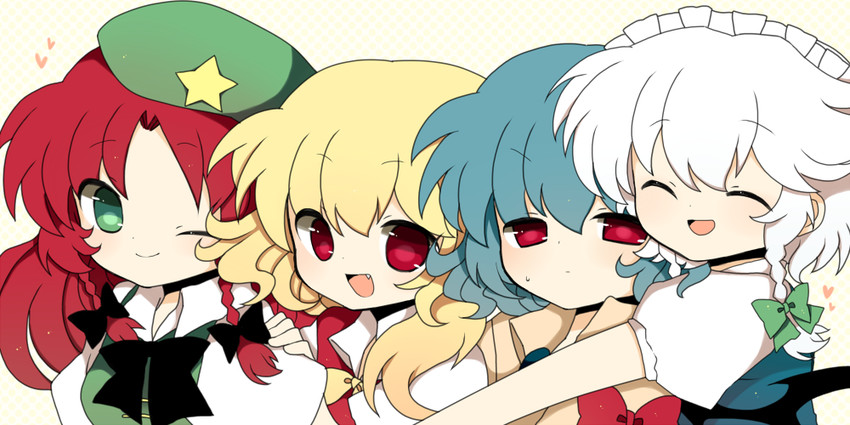 remilia scarlet, flandre scarlet, izayoi sakuya, and hong meiling (touhou) drawn by haru_(kyou)