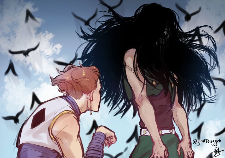 hisoka morow and illumi zoldyck (hunter x hunter) drawn by giraffeleggos