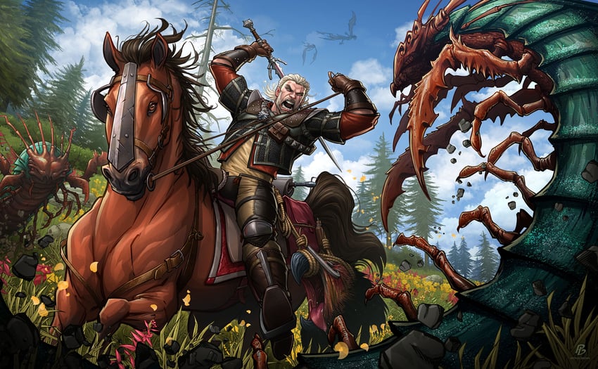 geralt of rivia and roach (the witcher and 1 more) drawn by patrick_brown