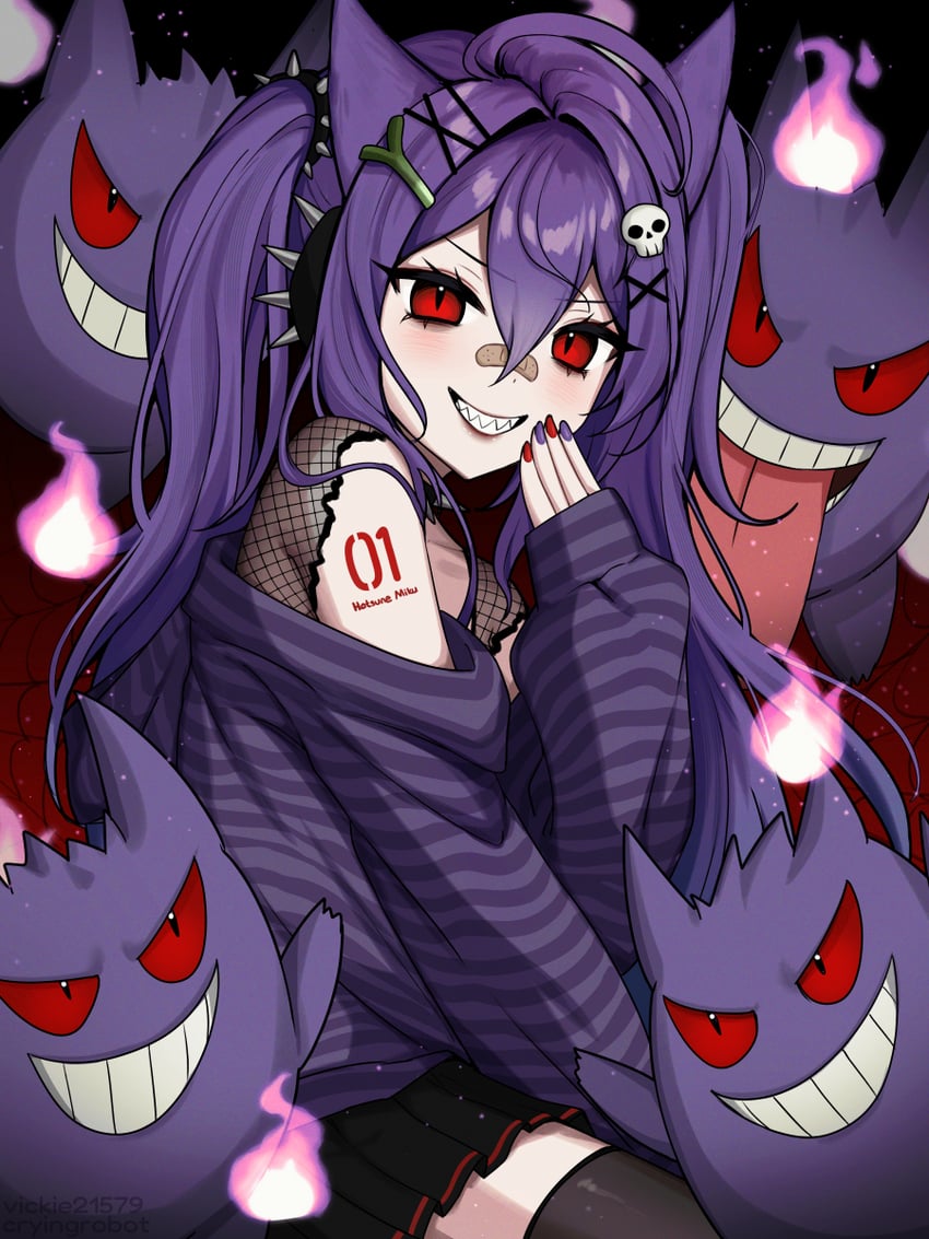 hatsune miku and gengar (pokemon and 1 more) drawn by vickie_(cryingrobot)