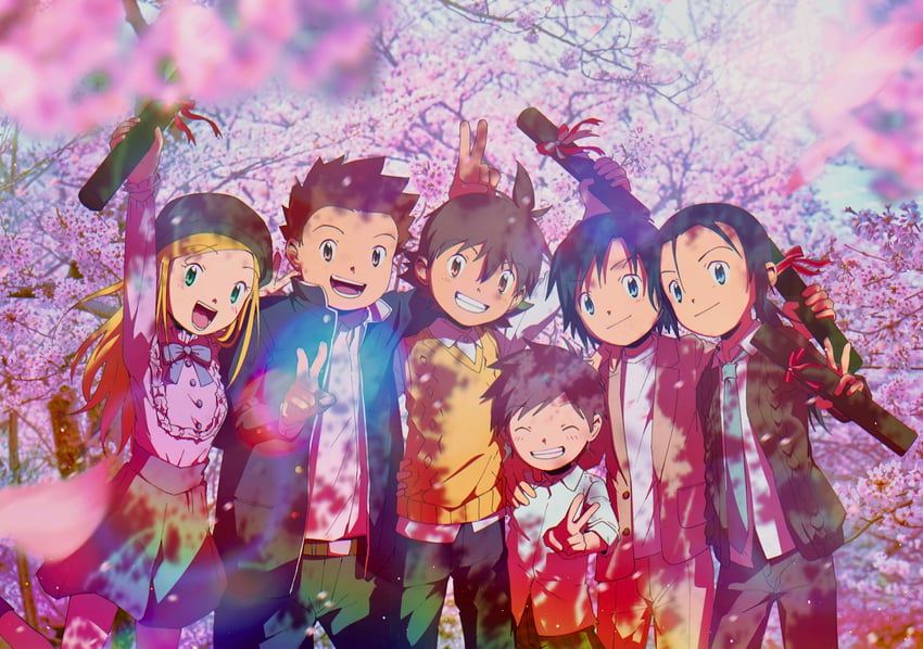 orimoto izumi, kanbara takuya, minamoto kouji, kimura kouichi, himi tomoki, and 1 more (digimon and 1 more) drawn by kato_(digiyuzu)