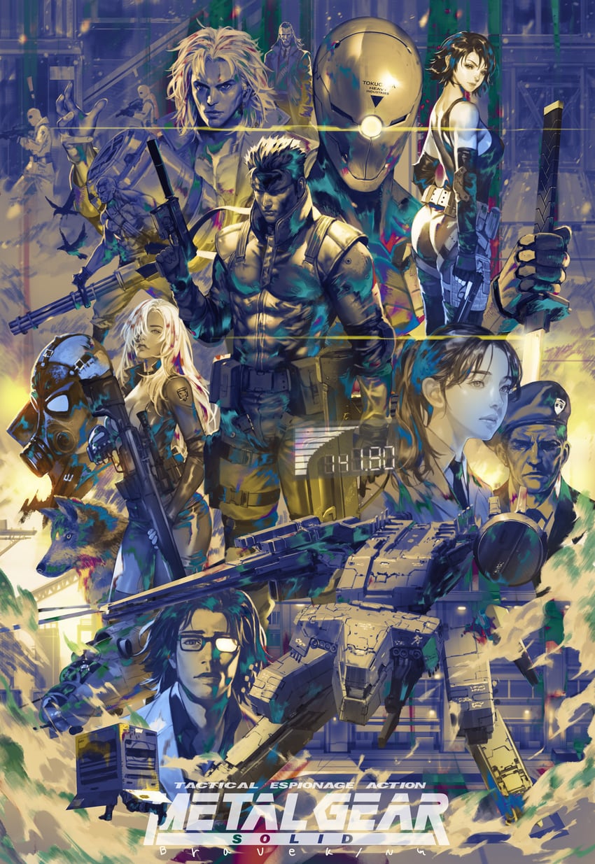 solid snake, revolver ocelot, liquid snake, meryl silverburgh, hal emmerich, and 7 more (metal gear and 1 more) drawn by braveking