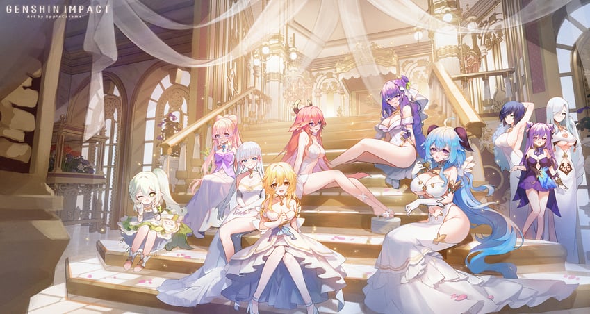 ganyu, lumine, raiden shogun, yae miko, nahida, and 5 more (genshin impact) drawn by apple_caramel