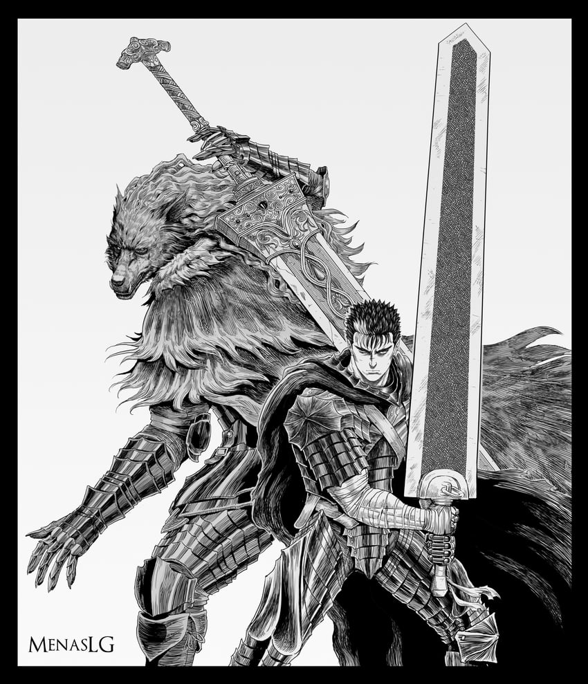 guts and blaidd the half-wolf (elden ring and 1 more) drawn by menaslg