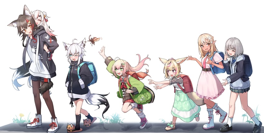 shirakami fubuki, ookami mio, shirogane noel, nakiri ayame, shiranui flare, and 2 more (hololive) drawn by kanabun_(jhft8347)