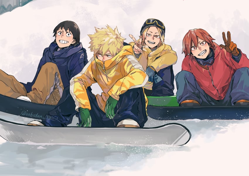 bakugou katsuki, kirishima eijiro, kaminari denki, and sero hanta (boku no hero academia) drawn by saboten_33