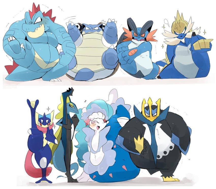 greninja, primarina, blastoise, inteleon, feraligatr, and 3 more (pokemon) drawn by hyaku_(g-kawayusu)