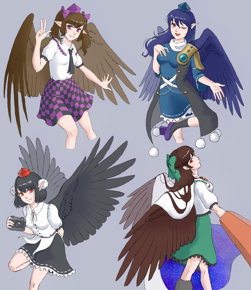 shameimaru aya, reiuji utsuho, himekaidou hatate, and iizunamaru megumu (touhou) drawn by channel_ikihaji
