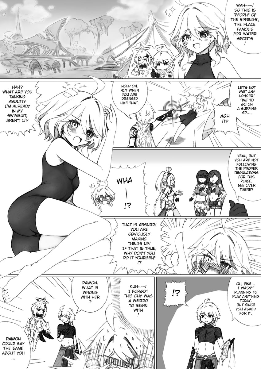 aether, furina, paimon, and mualani (genshin impact) drawn by kurocrimson