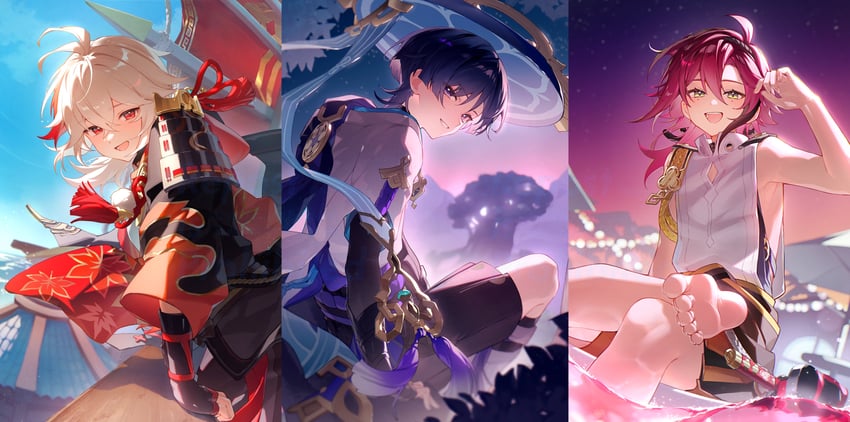scaramouche, wanderer, kaedehara kazuha, and shikanoin heizou (genshin impact) drawn by mochimiya_(coyo)
