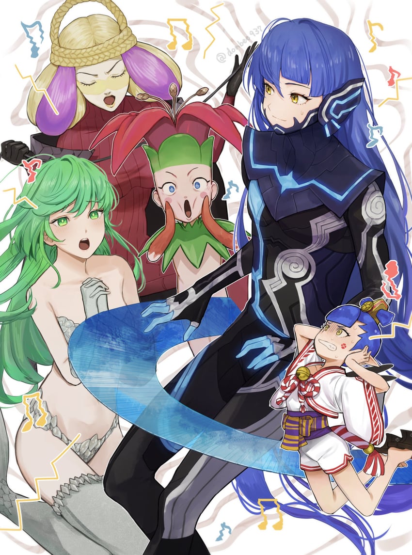 protagonist, amanozako, mermaid, lachesis, and mandrake (shin megami tensei and 1 more) drawn by donbee937
