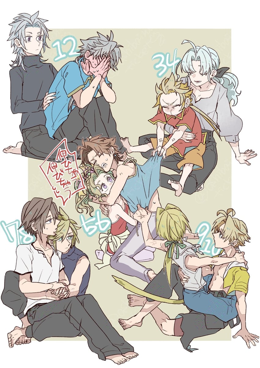 cloud strife, terra branford, squall leonhart, zidane tribal, bartz klauser, and 5 more (final fantasy and 10 more) drawn by oshibainoticket