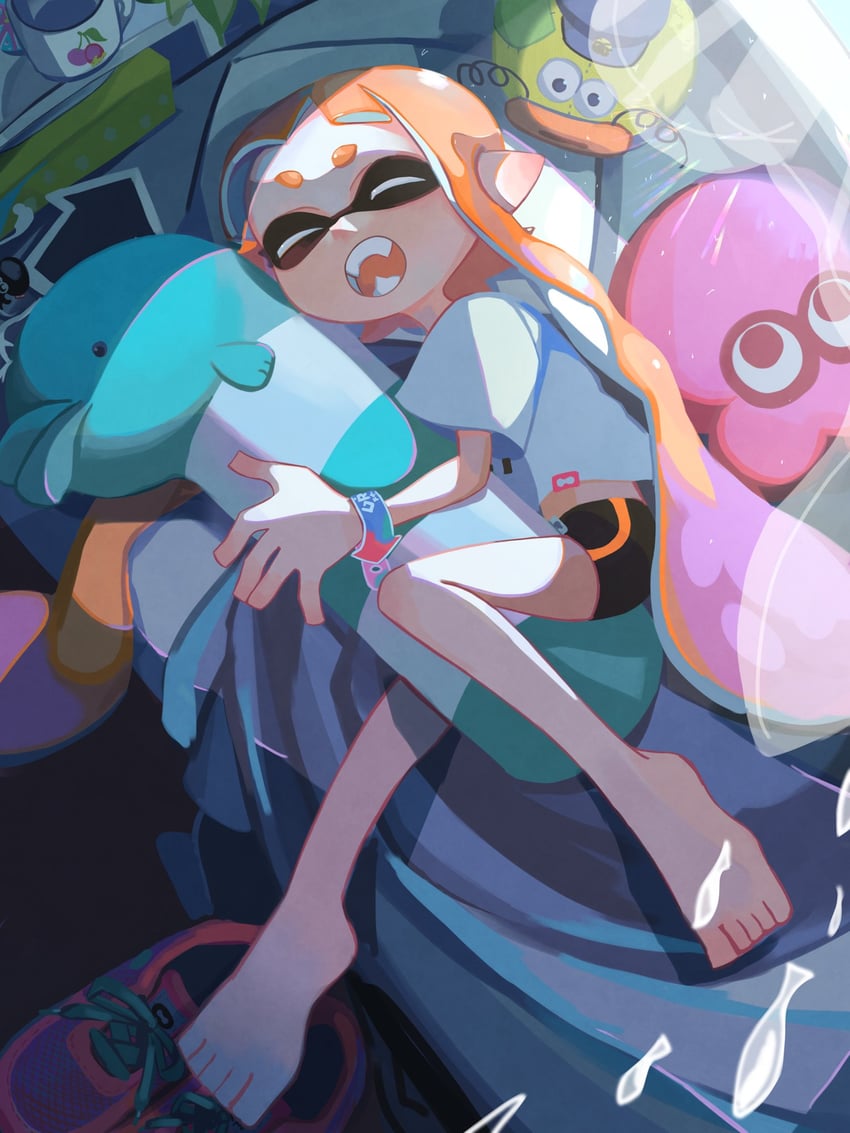 inkling player character, inkling girl, and zapfish (splatoon and 1 more) drawn by kororinnmaru