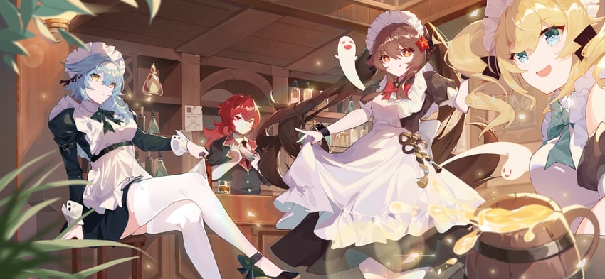 hu tao, eula, boo tao, barbara, and diluc (genshin impact) drawn by kkamikii