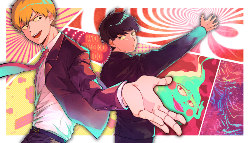 kageyama shigeo, reigen arataka, and ekubo (mob psycho 100) drawn by memento_morishiki