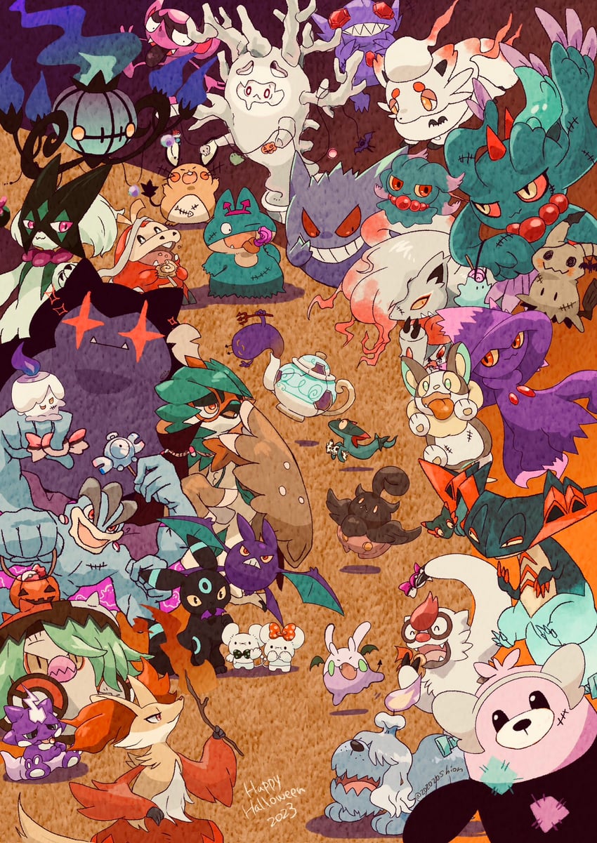 umbreon, gengar, mimikyu, meowscarada, magnemite, and 30 more (pokemon) drawn by zozozoshion