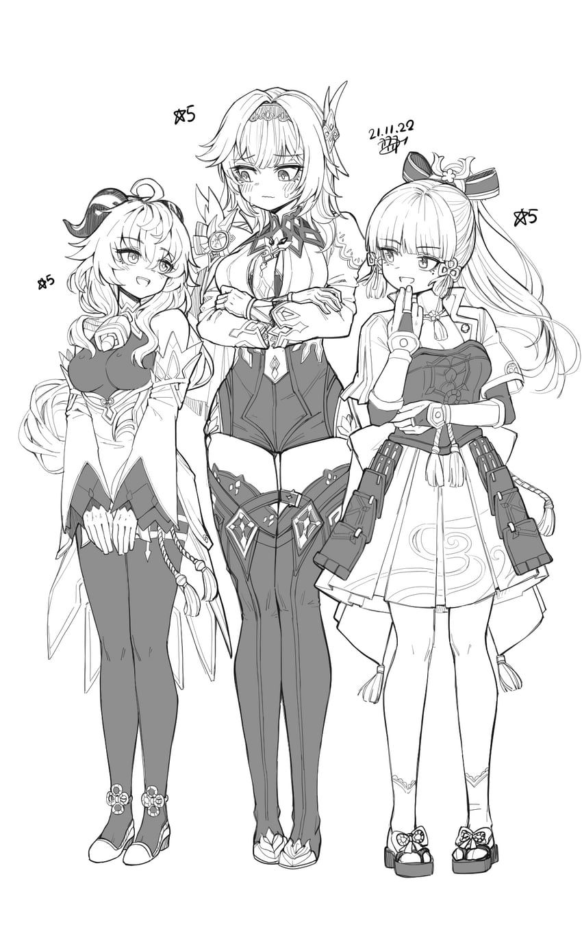 ganyu, kamisato ayaka, and eula (genshin impact) drawn by kokukyukeo
