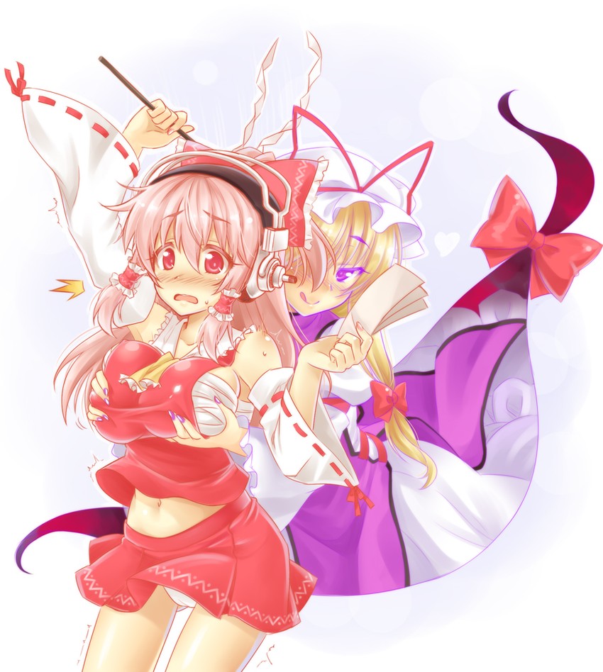 hakurei reimu, yakumo yukari, and super sonico (touhou and 1 more) drawn by okitakung